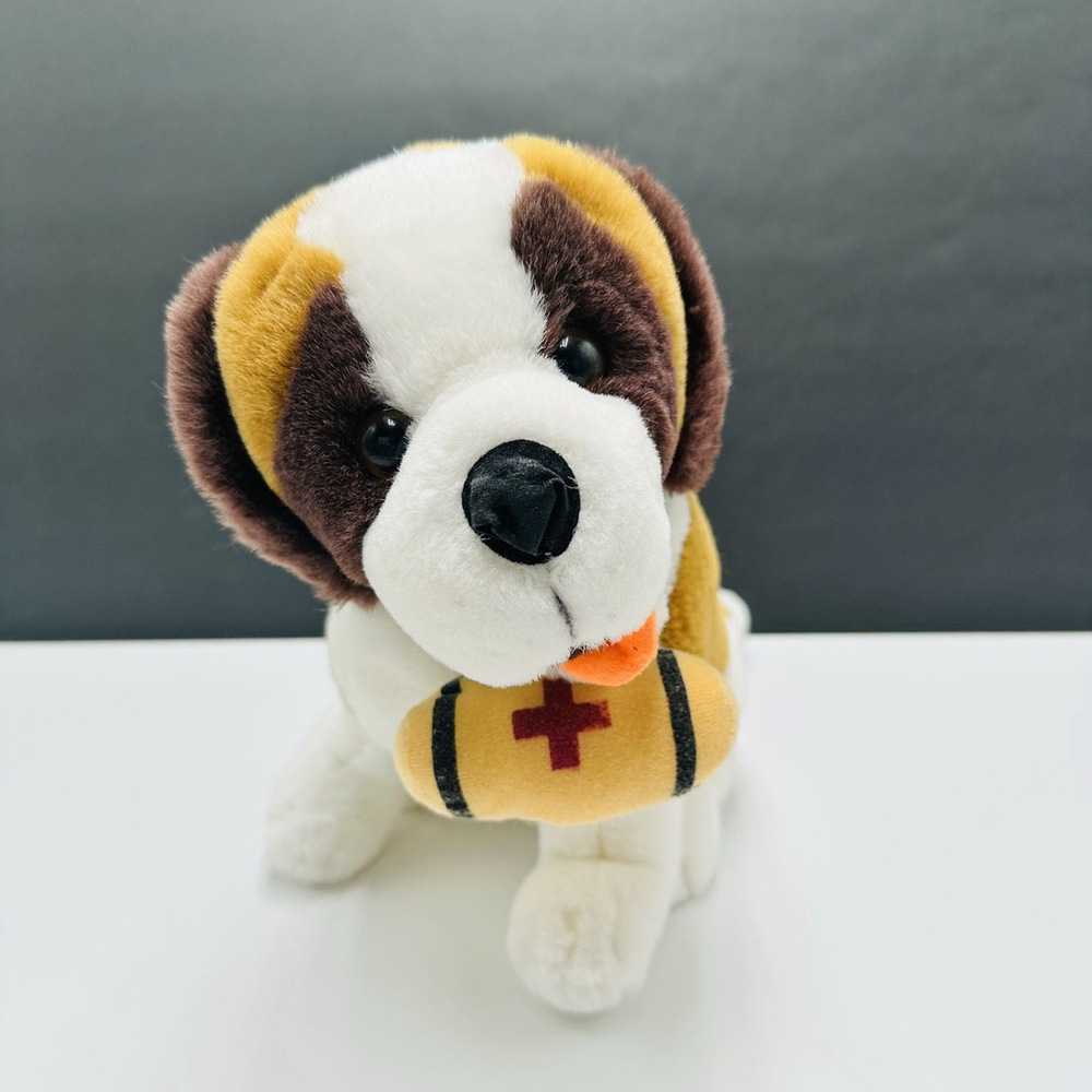 St Bernard Plush Rescue Dog 10”Realistic Big Eyes Barrel Brown White Stuffed Toy